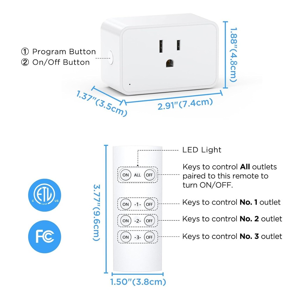 2 Pack Indoor Remote Control Electrical Outlet Plug, 15A, Wireless Switch