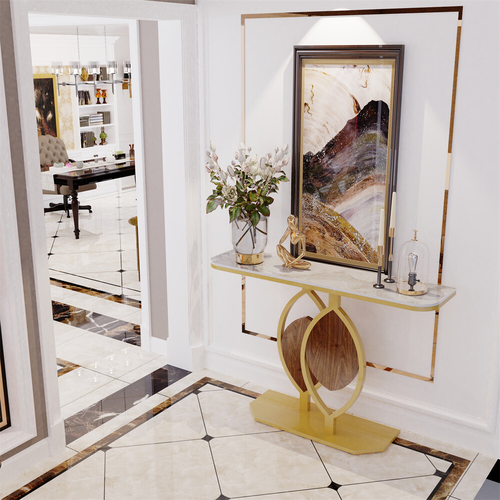 Modern Console Table Sintered Stone entry Table with Geometric/Leaf Golden Base