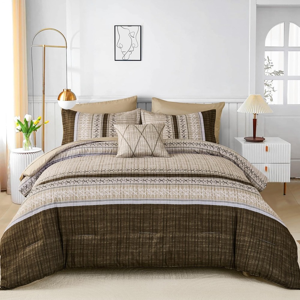 Dintszyayue King Comforter Set 8 Piece Brown Boho Striped Microfiber