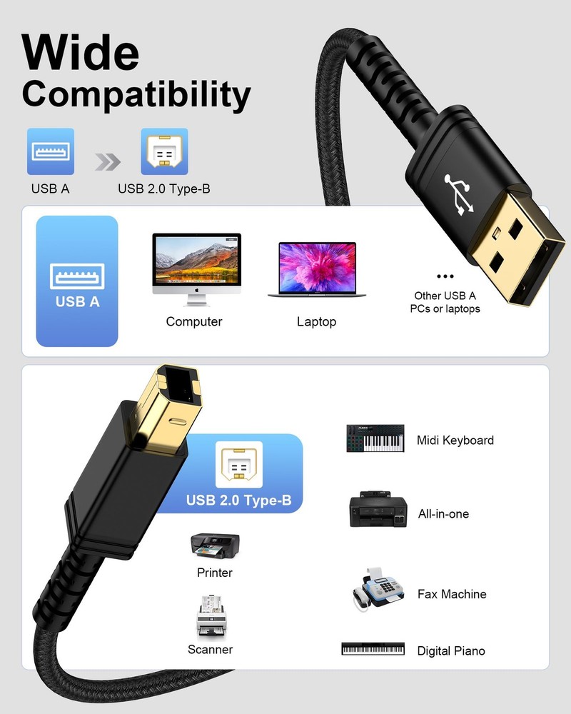 6FT USB Printer Cable, A to B Type A Male B 6FT, Black
