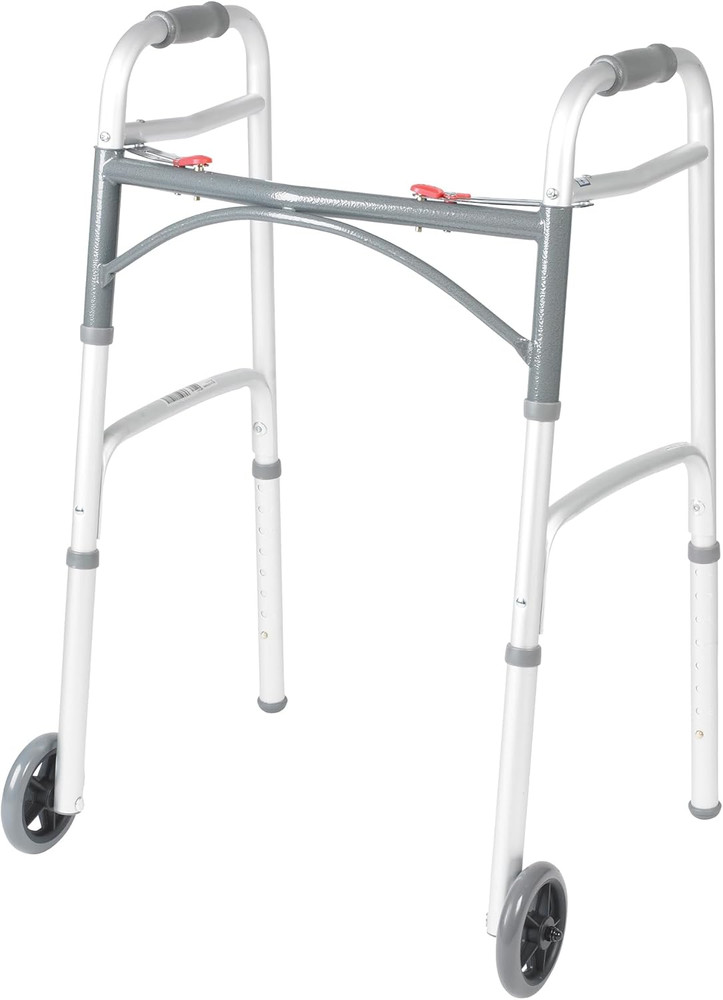 Two-Button Folding Walker with Wheels - Lightweight Rolling Mobility Support - A