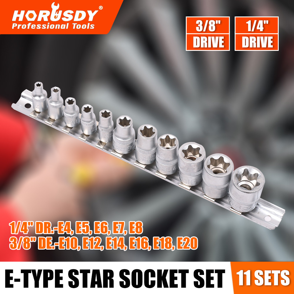 11 pc Torx Star Bit External Female E Socket Set Automotive Shop Tools with Rail