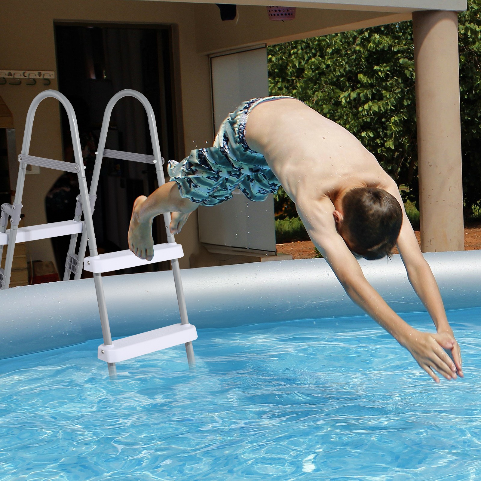 4 Steps 52in Pool Ladder Iron Grey Frame + White Steps Safety Ladder