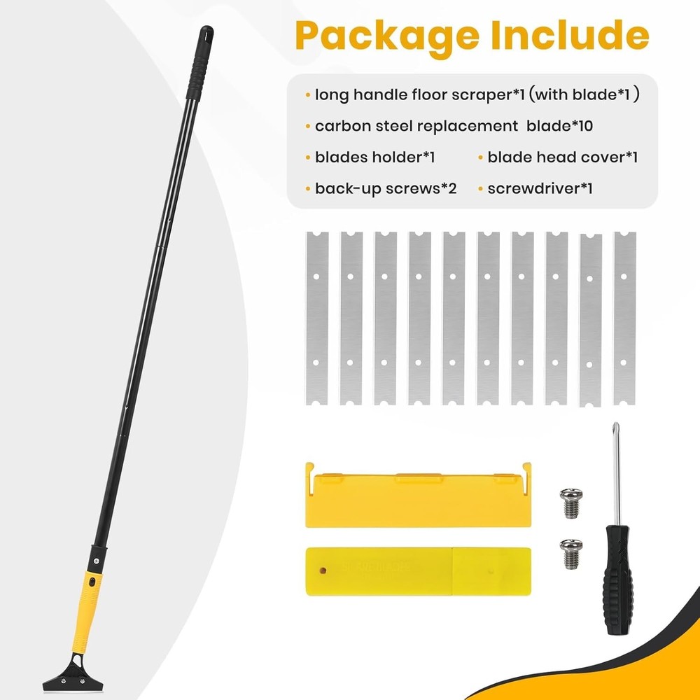 Versatile Heavy Duty Floor Scraper - 44.5” Handle & 10 Razor Replacement Blades