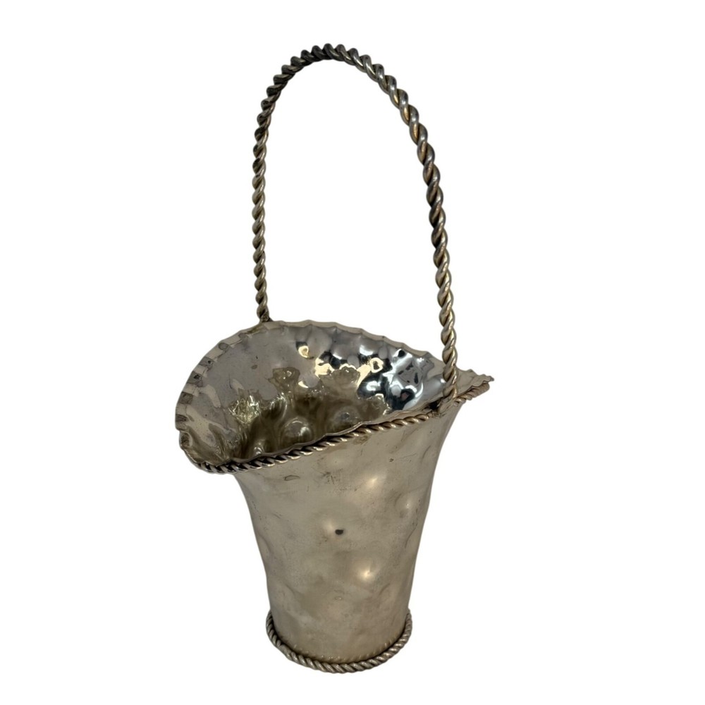 Vintage Silver Silver-plated Flower Basket Dimpled Vase India Twisted Handle