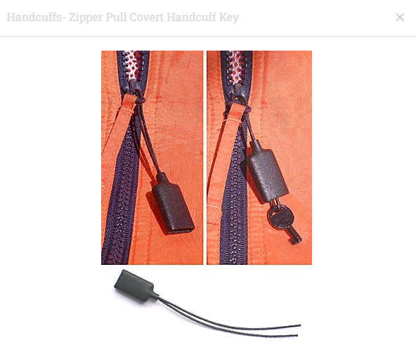 Handcuffs- Zipper Pull Covert Handcuff Key Spy Escape Houdini