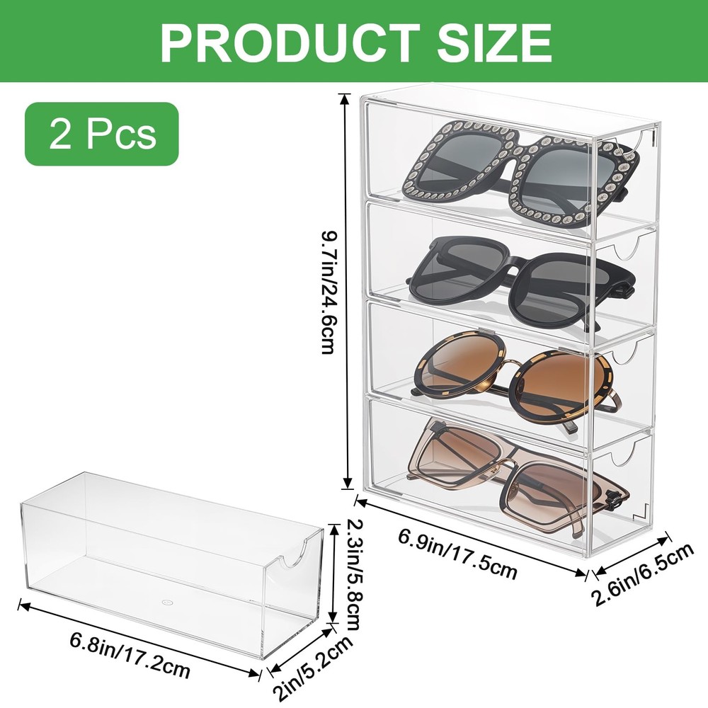 Acrylic Sunglass Organizer with Drawers - Stackable Eyewear Storage Case