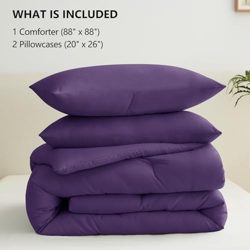 Comforter Set 3 Pieces Solid Comforters Size Breathable Quilted Queen Purple