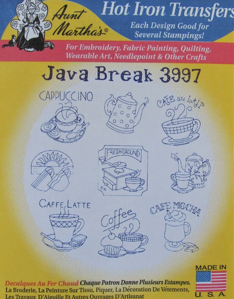 Aunt Martha's 3997 JAVA BREAK Coffee Latte 9 Motifs Embroidery Transfer Pattern