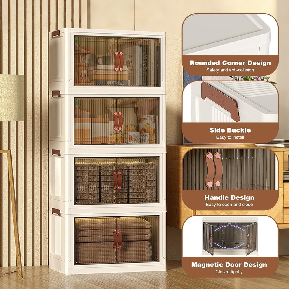 4 Tier Stackable Plastic Storage Bins, 72QT X 4 Foldable Storage Bins with Wheel