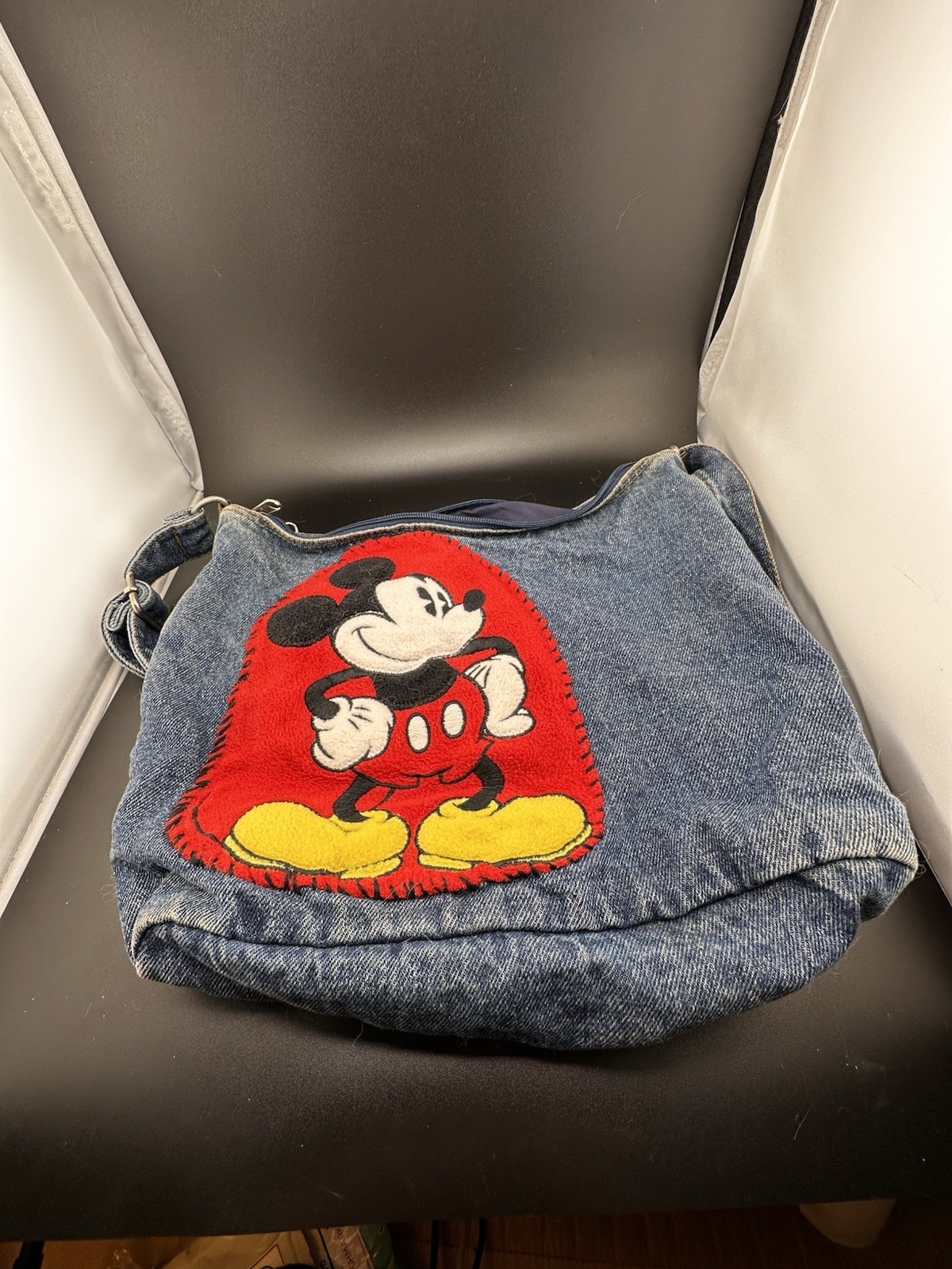 Vtg Mickey Mouse Disney 1990s Dark Denim Jean Purse Bag Patches Zippers READ