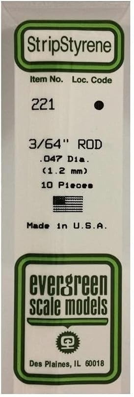 Evergreen #221 3/64" x 14" Styrene Rods  New Free Shipping