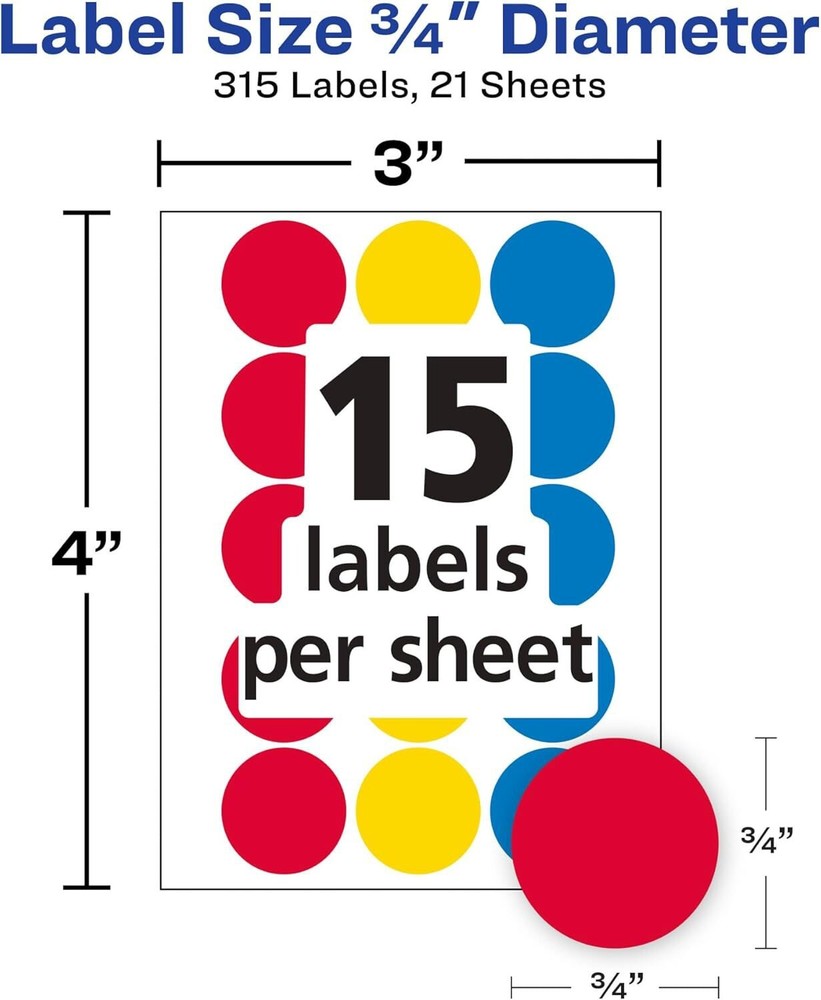 Avery 6167 Color Coding Labels, Self Adhesive, Removable, 3/4" Round, 6 Packs