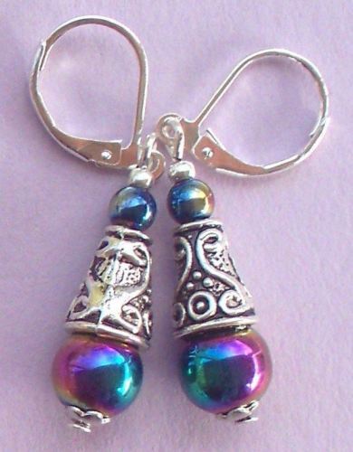 RAINBOW HEMATITE Bali cone earring SP LEVERBACK handcrafted XX