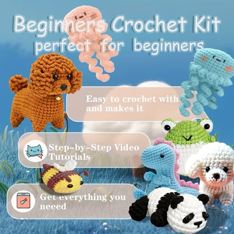 Beginner Crochet Starter Kit 8PCS w/ Animal Patterns, Yarn, Hooks & Video Guide