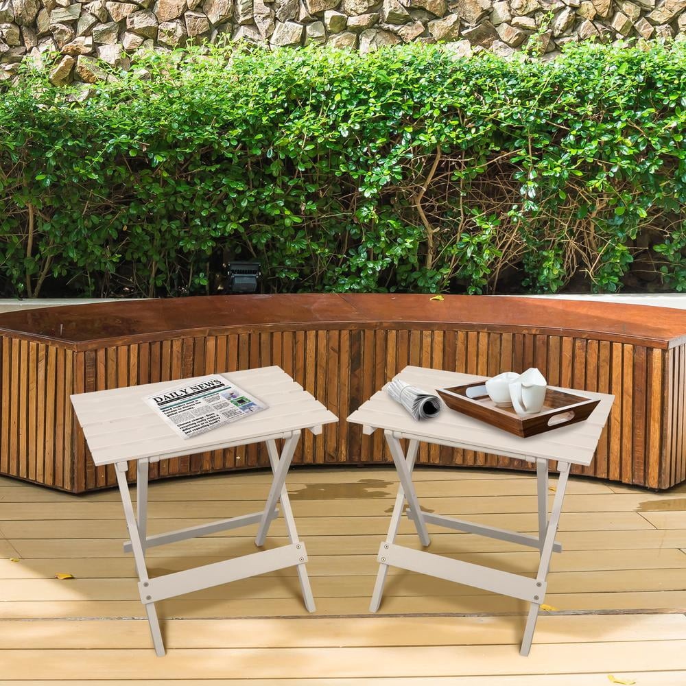 Small Solid Wood Folding Side Table 2-Piece Set White Portable Patio Outdoor