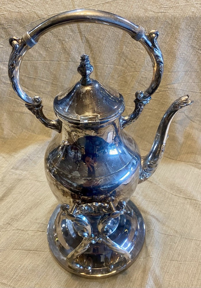 Antique Victorian FB Rogers Silverplate Tilting Teapot w/stand & burner, READ
