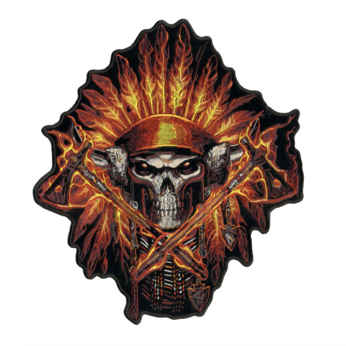 12" SKULL WITH FLAME HEADRESS EMBROIDERED JACKET PATCH