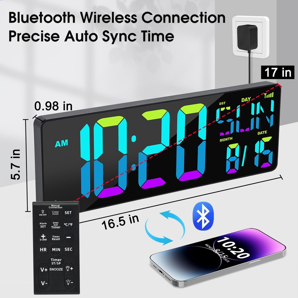 XREXS Large Digital Wall Clock Bluetooth Sync, 17.2" RGB Color Changing Digit...