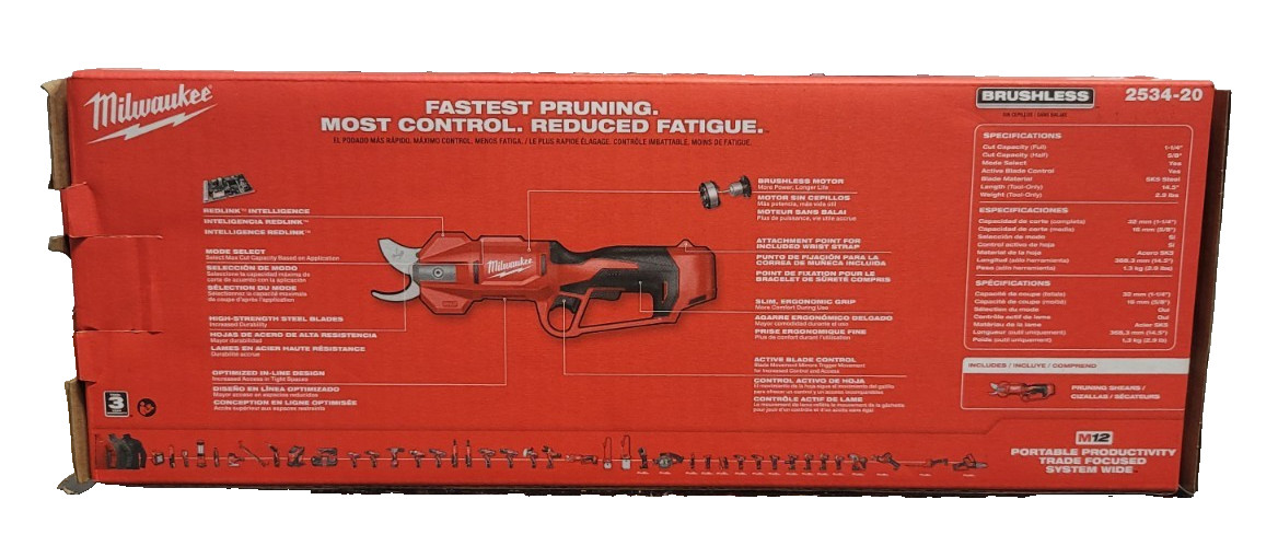 Milwaukee M12 12V Cordless Brushless Pruner Shears - Red (2534-20) NEW FREE SHIP