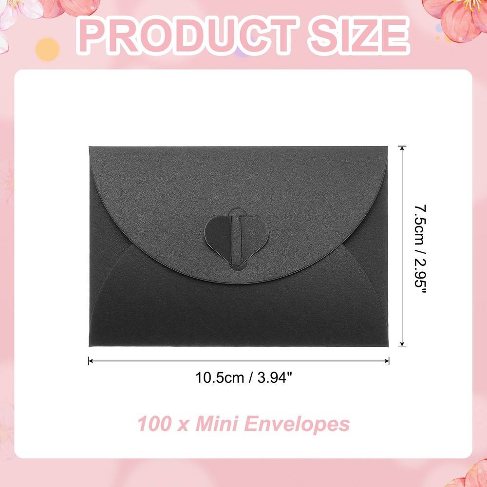 100Pack Small Envelopes, Heart Clasp Black Mini Card Envelopes
