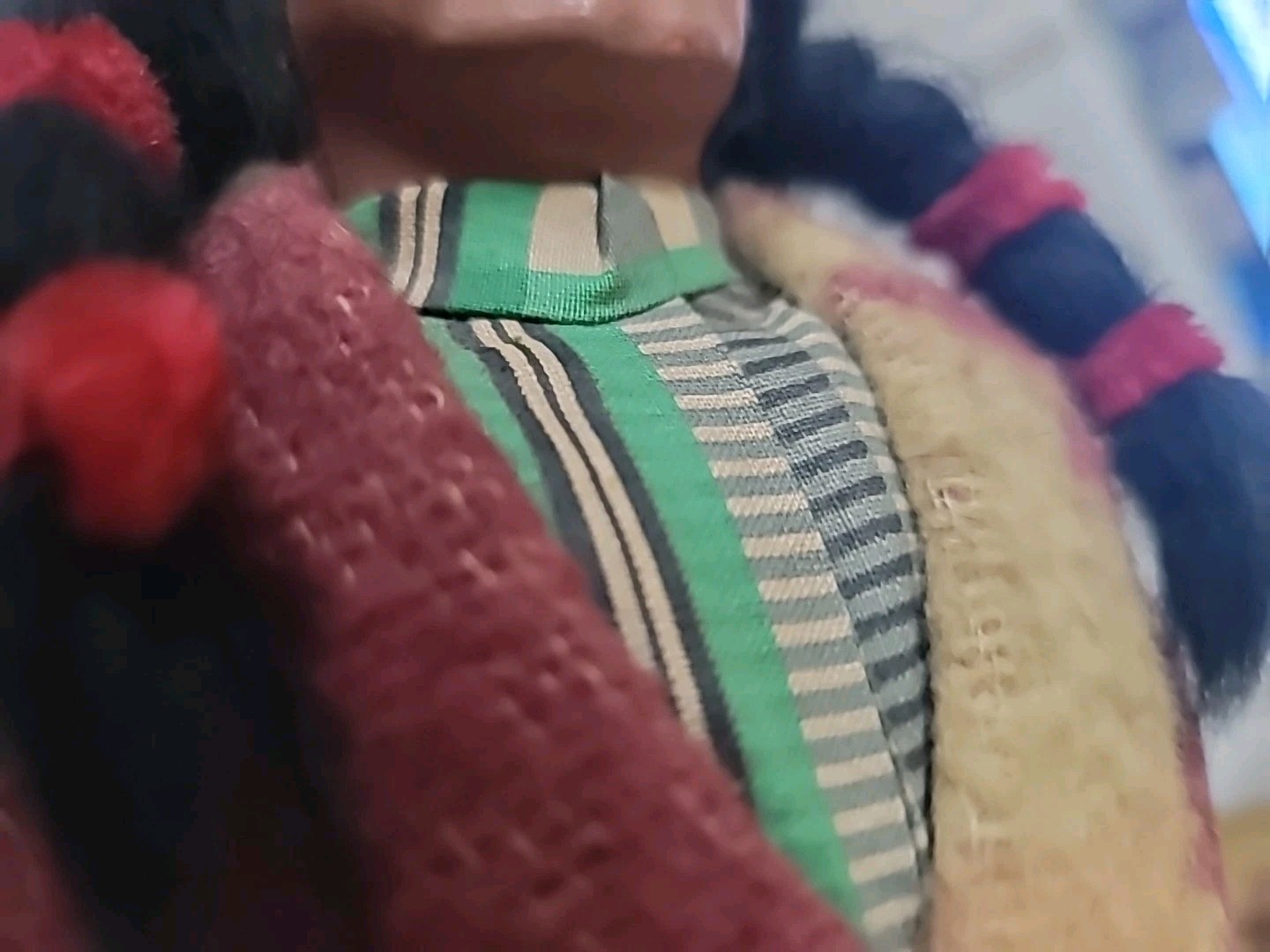 Antique Skookum Doll Early Paint Face Wool Straw Stuffed Mohair Wood Legs 15 1/2