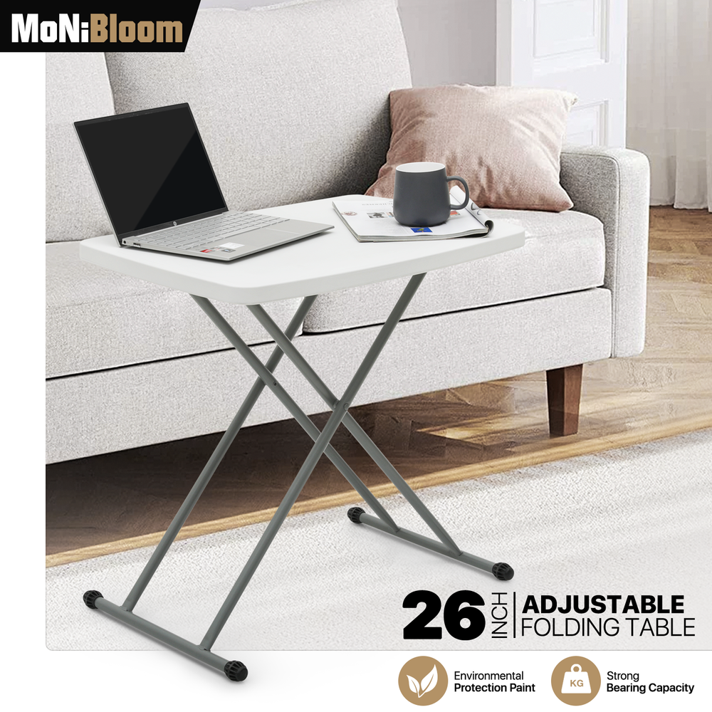 White Folding TV Tray Portable Adjustable Height Sofa Bed Side Table Dinner Desk
