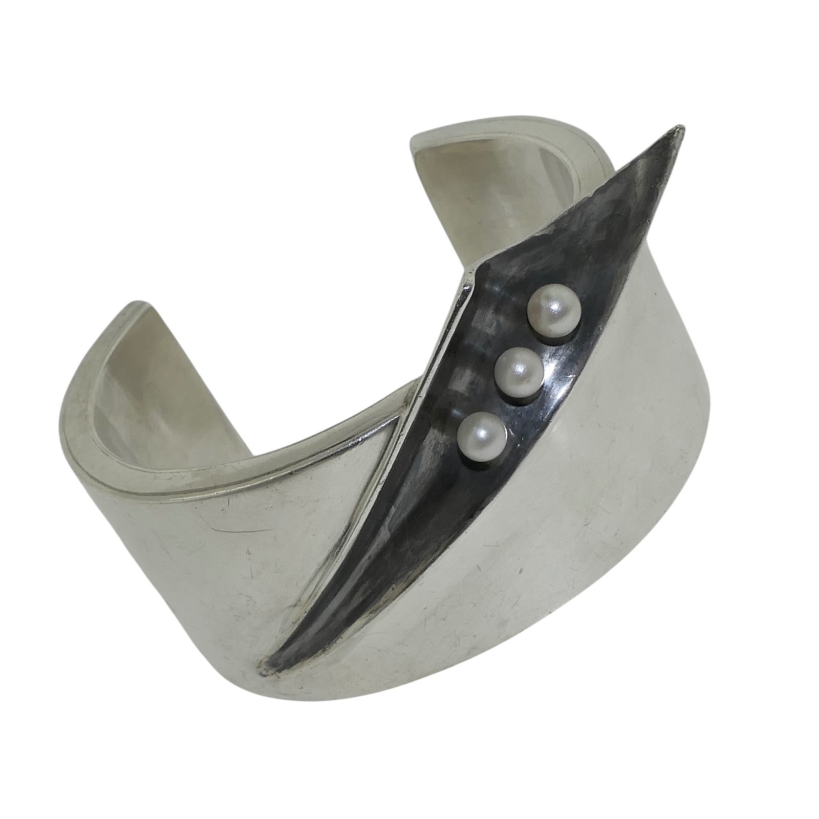 Antonio Pineda Sterling Silver & Pearl Taxco Mexican Cuff Bracelet 111Gr