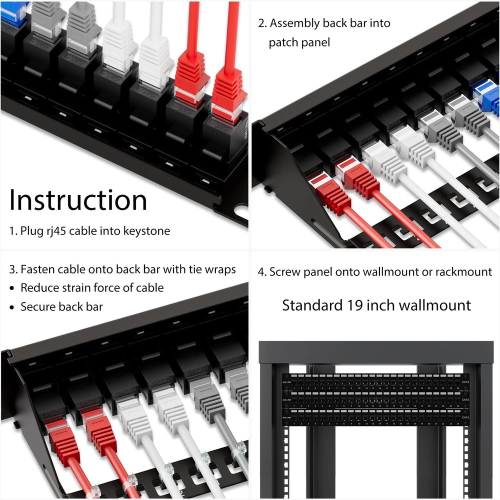10Gbps Patch Panel 24 Port, RJ45 Through Coupler Cat6 Patch Panel UTP 19-Inch...