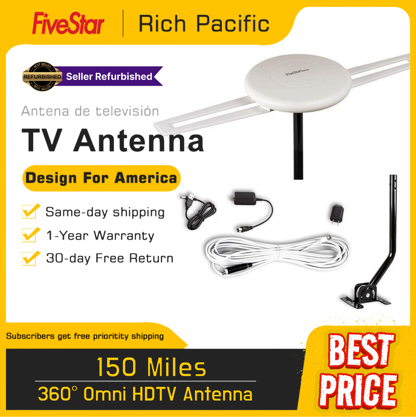 360° Omni HDTV Antenna | 150 Miles | 4K 1080P | Pole for Indoor/Outdoor/RV/Attic