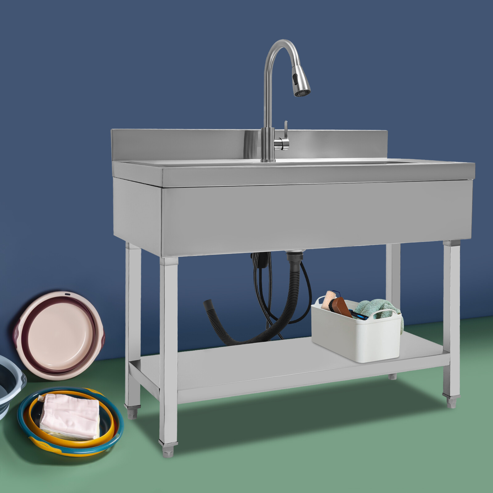 Stainless Steel Utility Sink with Faucet - Large Capacity & Adjustable Feet