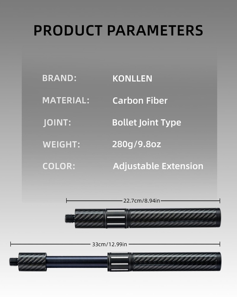 KONLLEN Threaded Carbon Fiber Pool Cue Extension with 3 Adjustable