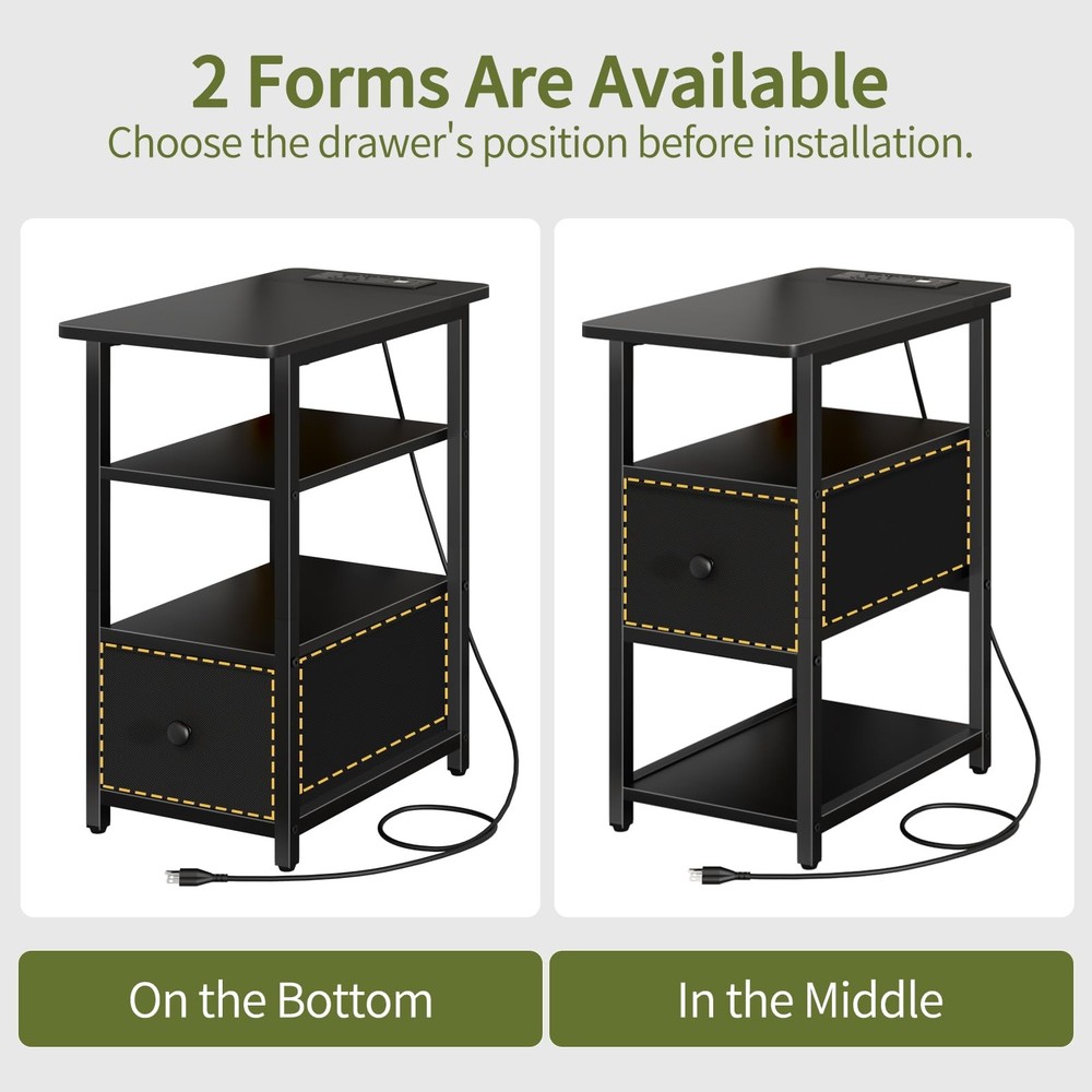 Yoobure End Table with Charging Station, Narrow Side Table with Adjustable Fa...