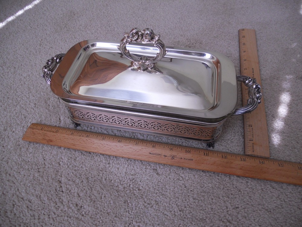 Silverplate Rectangular Platter Tray with Lid and 1.5 Qt Pyrex Glass Insert