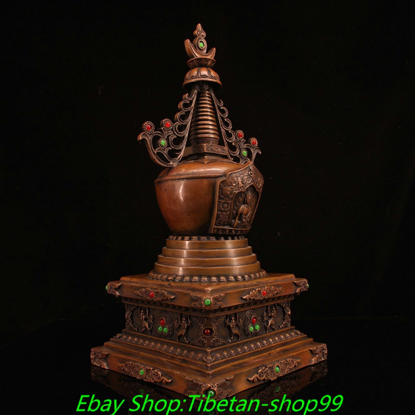 15.7'' Old Tibet Bronze Inlay Gems Shakyamuni Buddha Stupa Pagoda Tower Statue