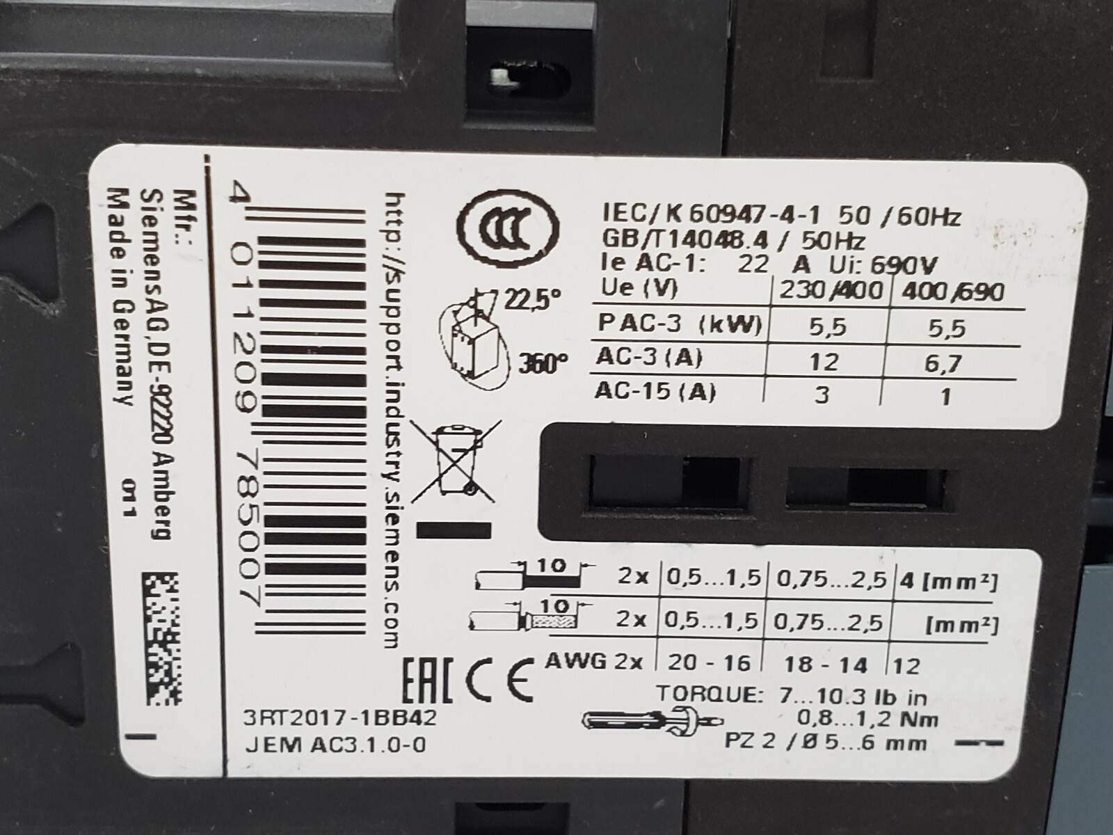 SIEMENS 3RT2017-1BB42 CONTACTOR 24VDC COIL NNB