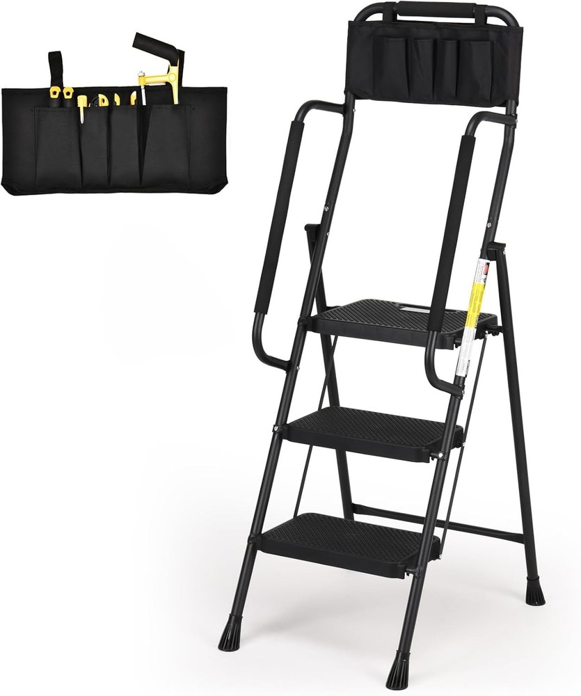 Versatile 3-Step Folding Ladder with Tool Bag - Maximum Safety & Stability
