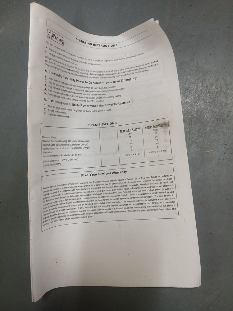 Reliance TF151W Transfer Switch - Gray