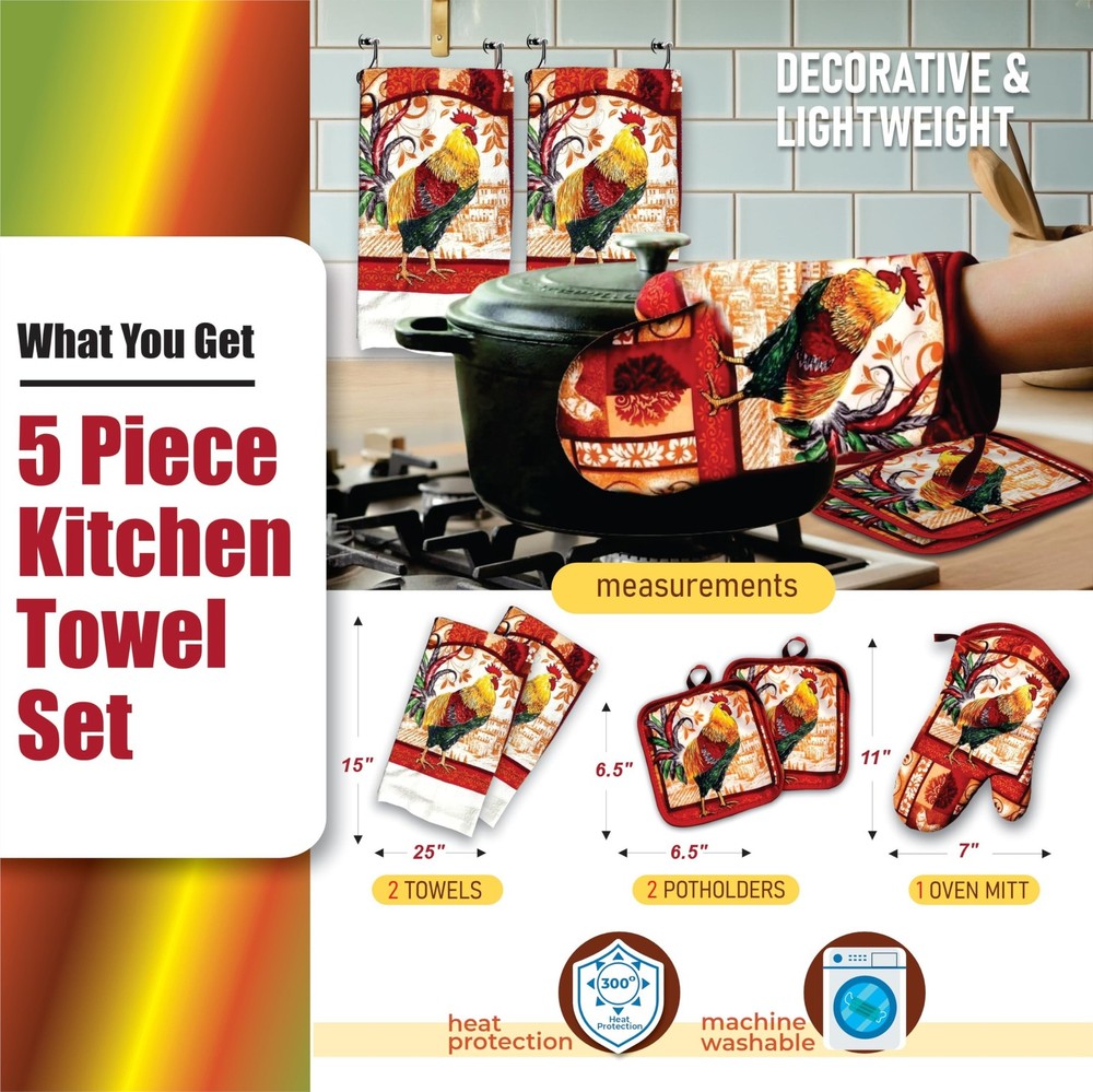 Lobyn Value Packs: Decorative & Functional Rustic Rooster Kitchen Set – 5