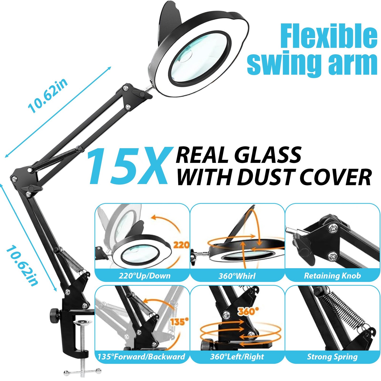 15X Magnifying Glass Desk Light Magnifier LED Lamp Reading Lamp With Lid + Clamp