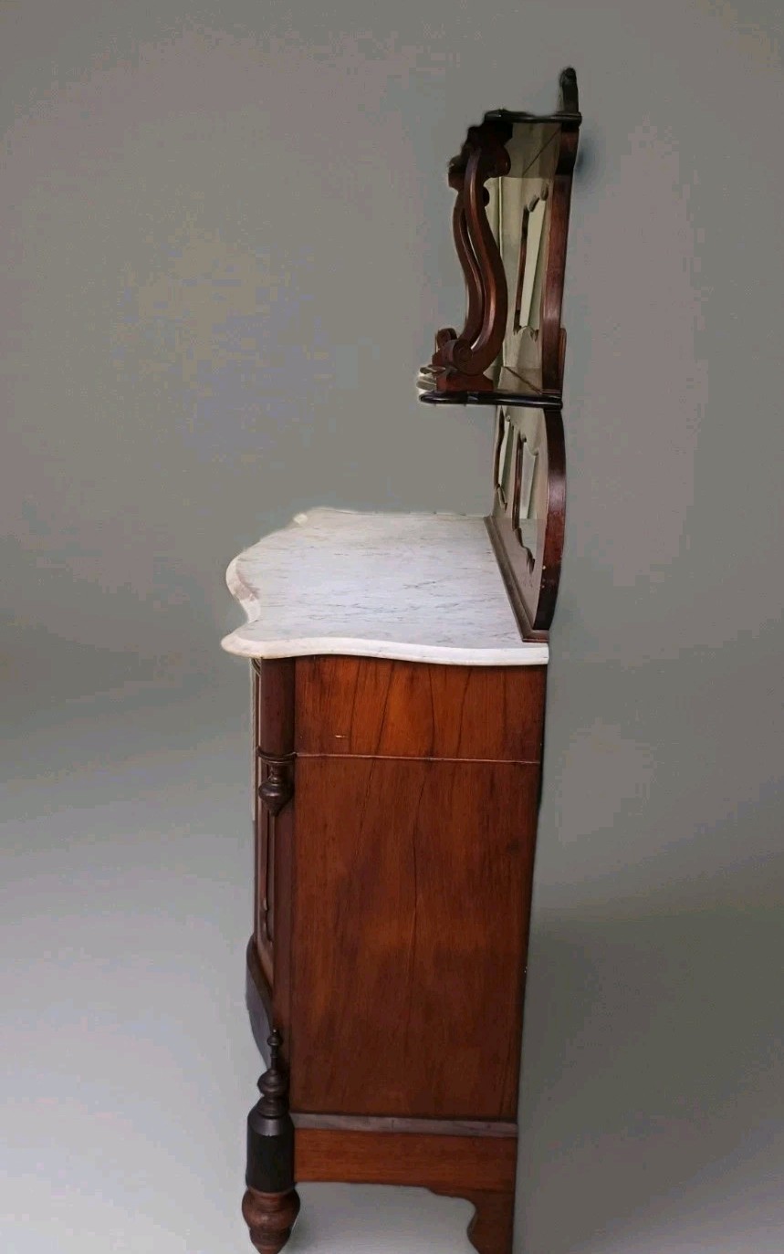 Antique Serpentine Mahogany Dresser Marble Top & Mirror Shelf Entryway Table