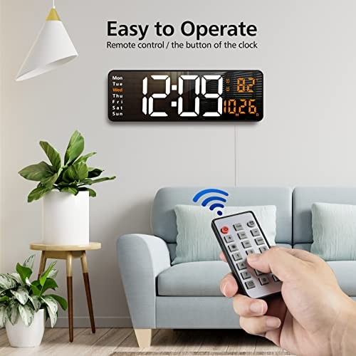 16" Large Digital Wall Clock with Remote, Large Display LED Wall Clock White