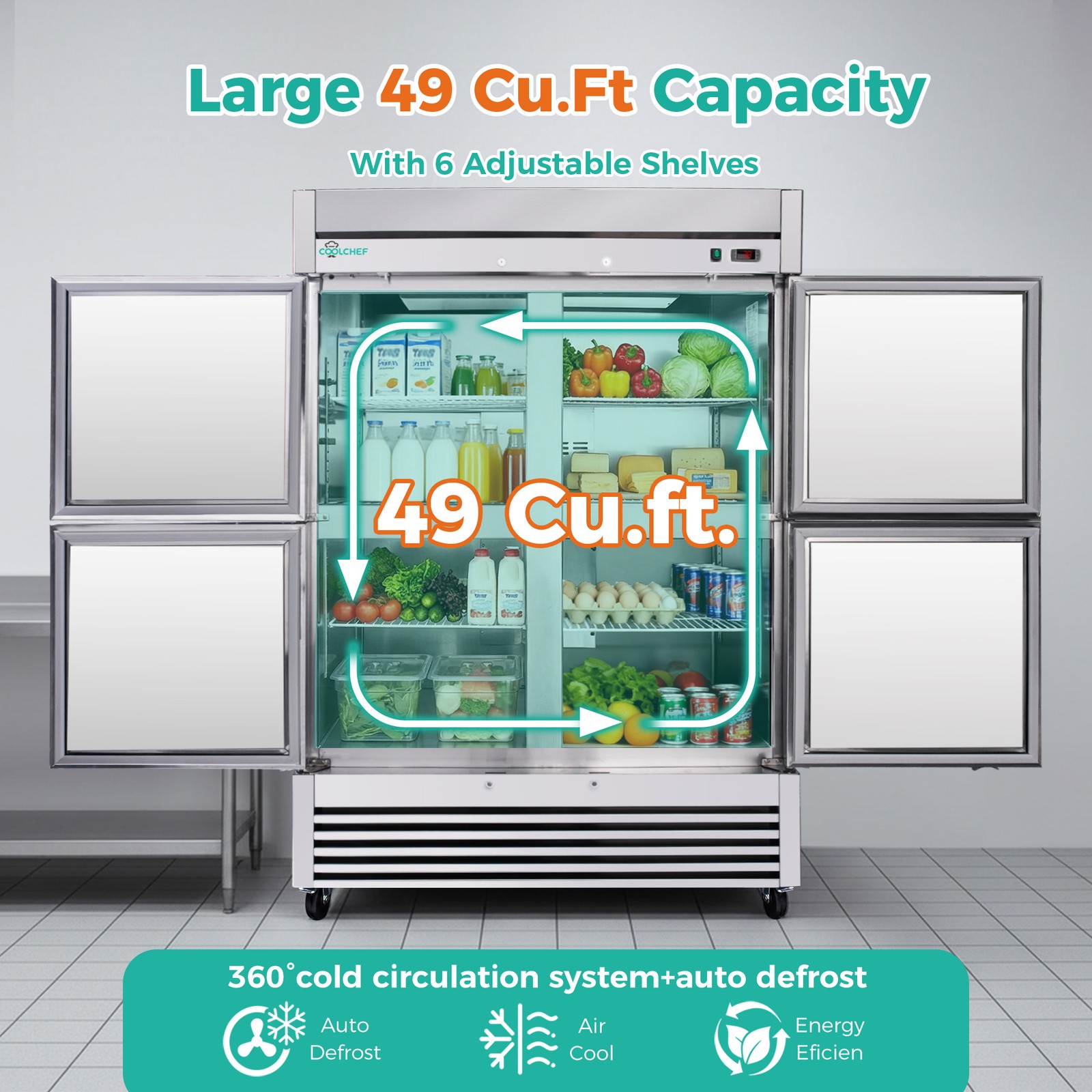 54" Commercial Refrigerator 49 Cu.Ft 4-Door 32–37℉ Air Cooling 6 Shelves, R290