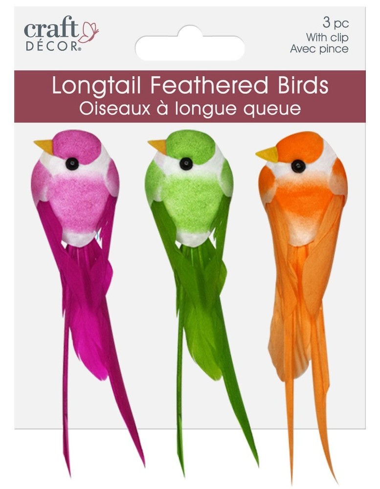 Craft Decor Essentials Longtail Feather Bird 3/Pkg-Tropical