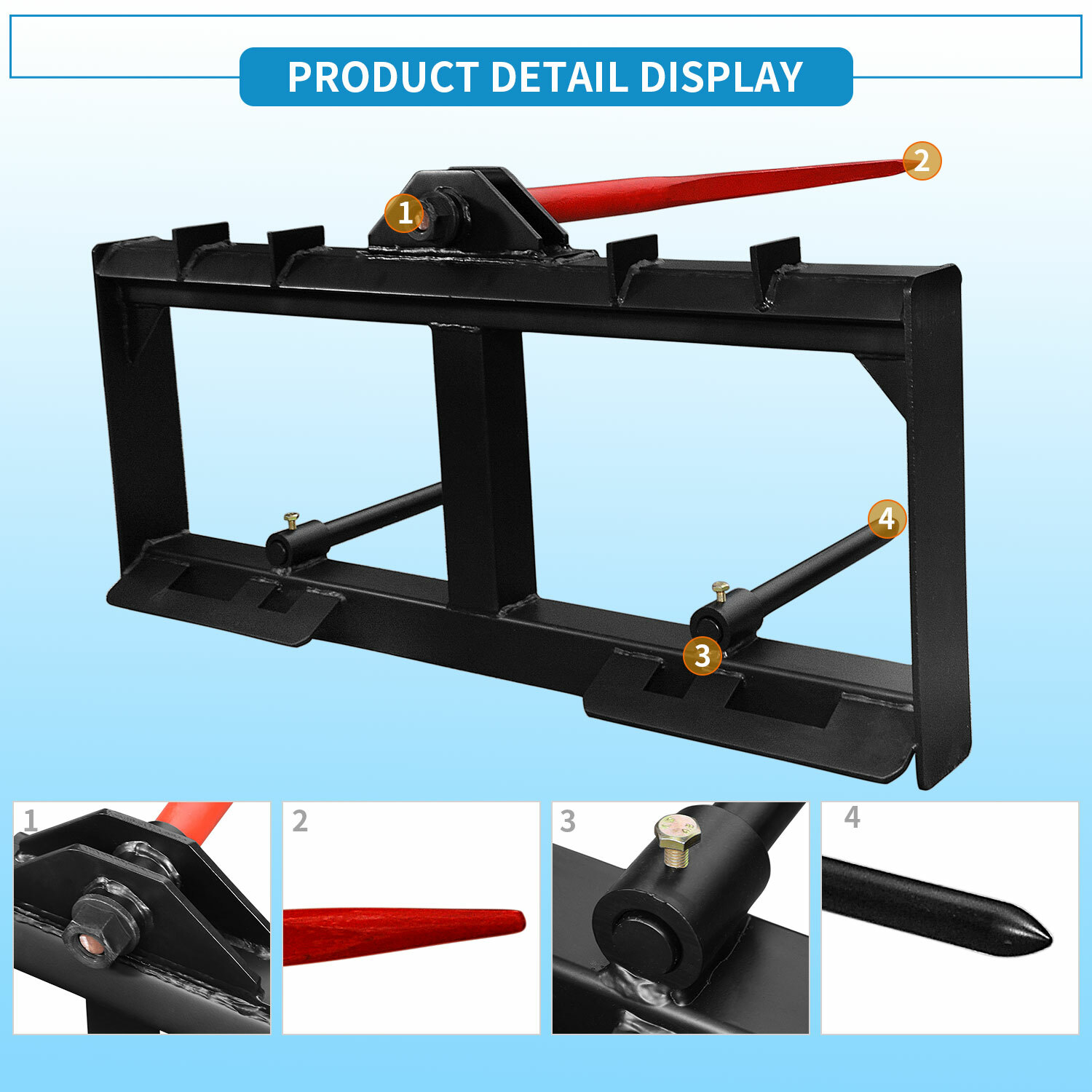 3 Point 49'' Hay Bale Spear Attach Tractor Skid Steer Loader Quick Tach 3000 LBS