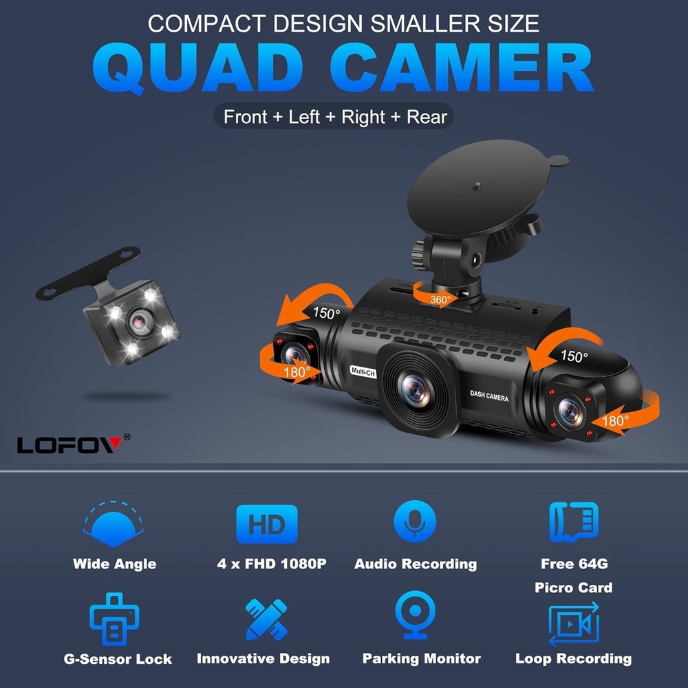 Complete 360° Dash Cam System - 4 Channels, G-Sensor, Easy Install, Night Vision