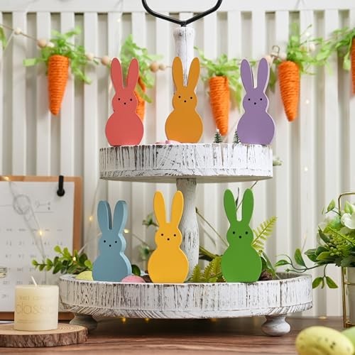 Easter Decorations Bunny Figurine, Wooden Bunny Decor for Set of 6 Multi-color
