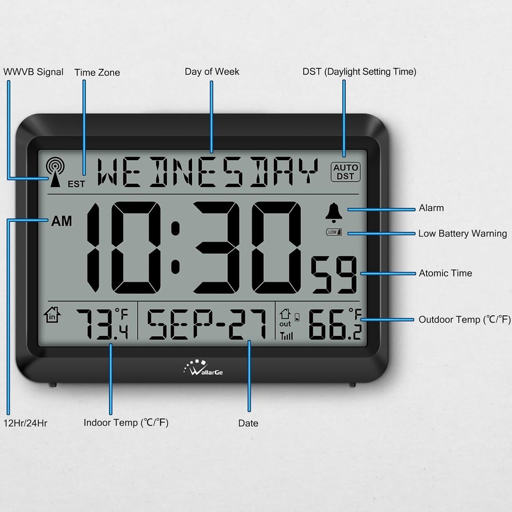 WallarGe Atomic Clock with Indoor Outdoor Temperature, Self-Setting Wall Clock