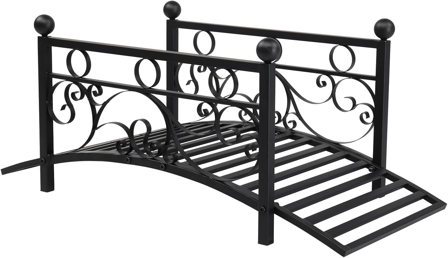 Outdoor Metal Arch Garden Bridge w/Safety Siderails, Decorative Iron Footbridge