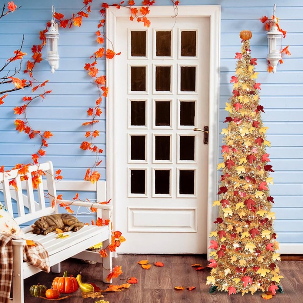 Timer & Pumpkin - 5 Ft Lighted Fall Tree Fall Decor, Fall Pop Up Tinsel Maples